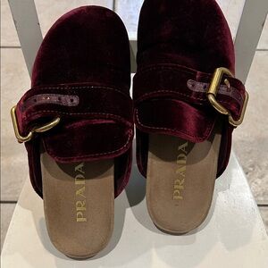 Prada Wine Velvet Buckle Mules